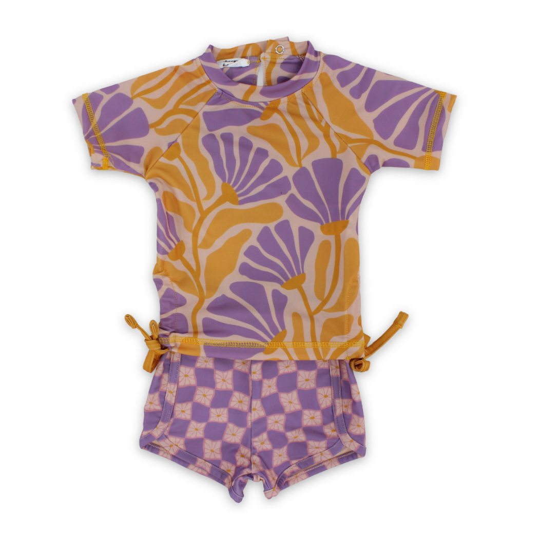 Baby Girls 2-Piece Swimsuit – Orange & Purple with Floral Print - Clothing - Playmore