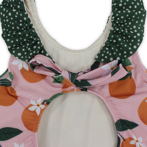 Girls One-Piece Swimsuit – Dustypink & Olive with Orange Print