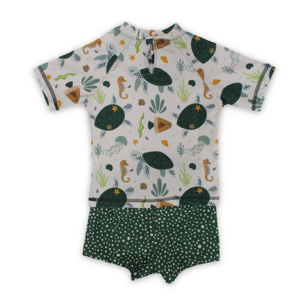 Baby Boys 2-Piece Swimsuit – Beige & Olive with Sea Creatures Print