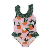 Baby Girls One-Piece Sleeveless Swimsuit – Dusty Pink & Olive with Orange Print