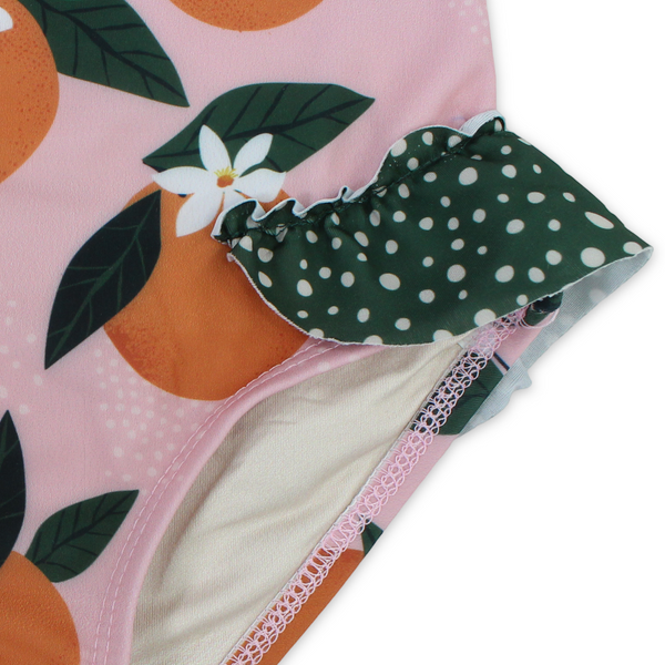 Baby Girls One-Piece Sleeveless Swimsuit – Dusty Pink & Olive with Orange Print