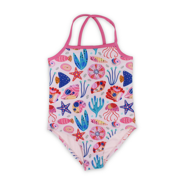 Girls One-Piece Sleeveless Swimsuit – Pink with Under The Sea Print