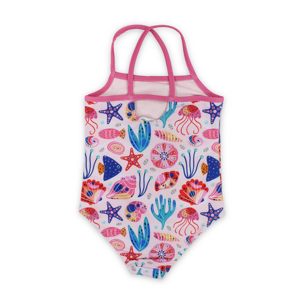Girls One-Piece Sleeveless Swimsuit – Pink with Under The Sea Print