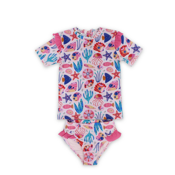 Girls 2-Piece Swimsuit – Pink with Marine Life Print