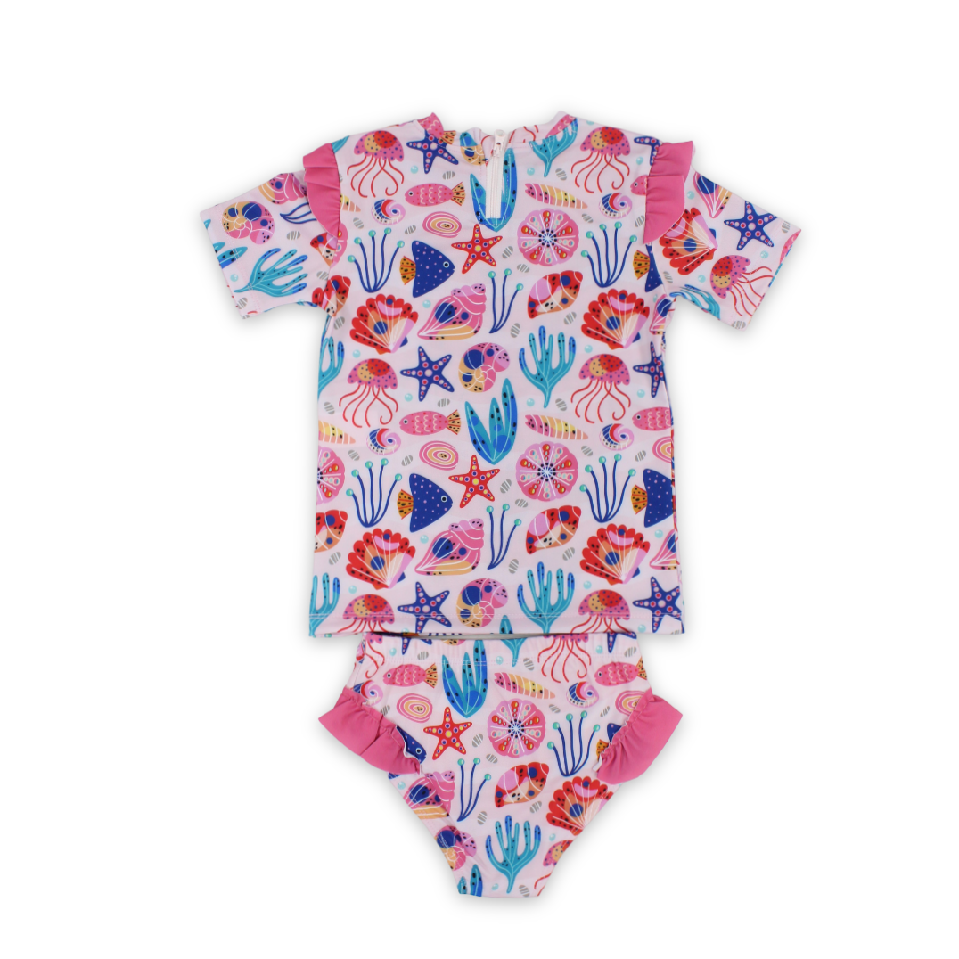 Girls 2-Piece Swimsuit – Pink with Marine Life Print