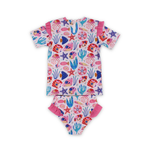 Girls 2-Piece Swimsuit – Pink with Marine Life Print