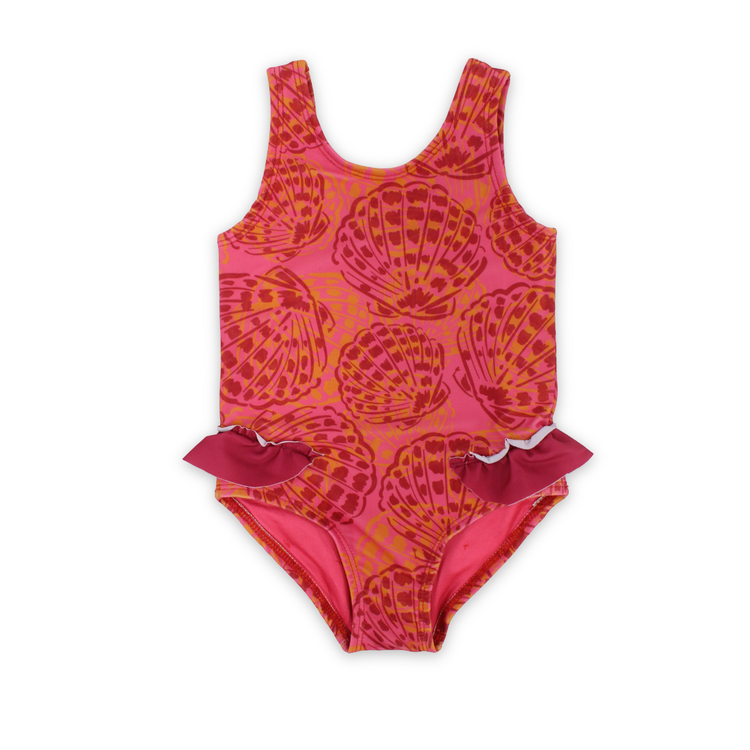 Baby Girls One-Piece Sleeveless Swimsuit – Maroon with Shell Print - Clothing - Playmore