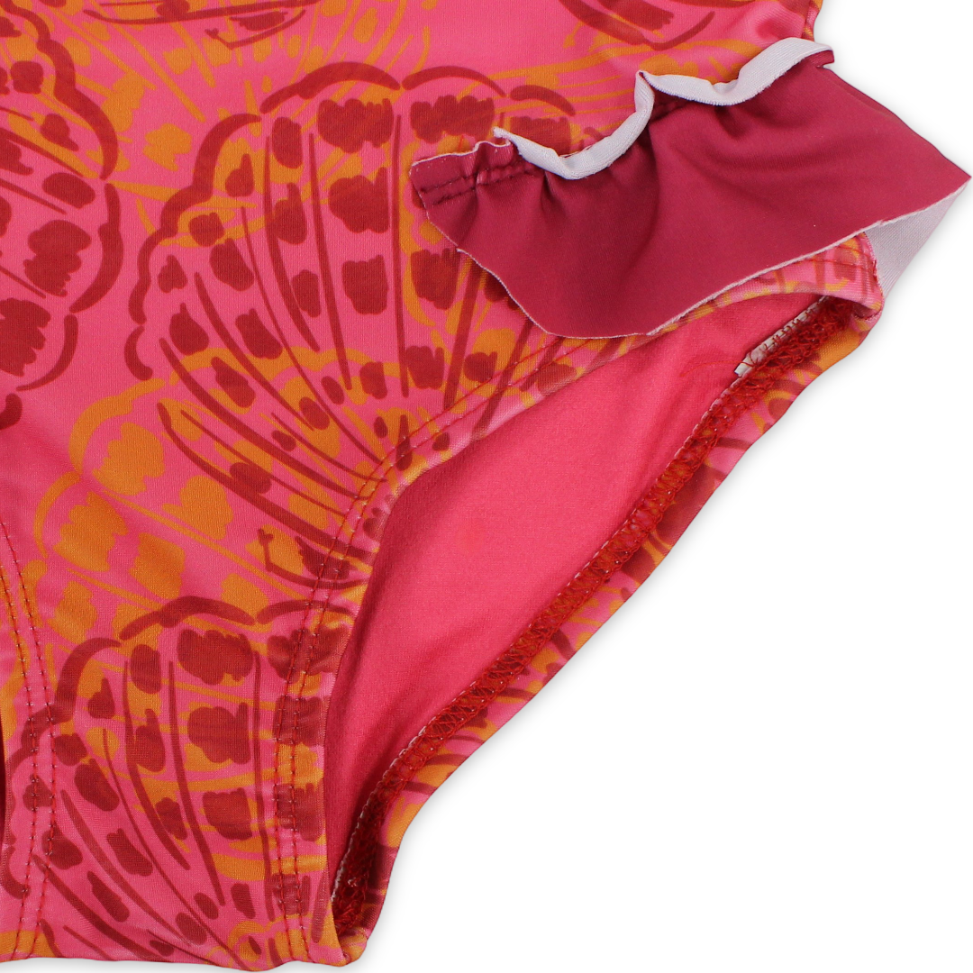 Baby Girls One-Piece Sleeveless Swimsuit – Maroon with Shell Print