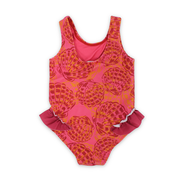 Baby Girls One-Piece Sleeveless Swimsuit – Maroon with Shell Print