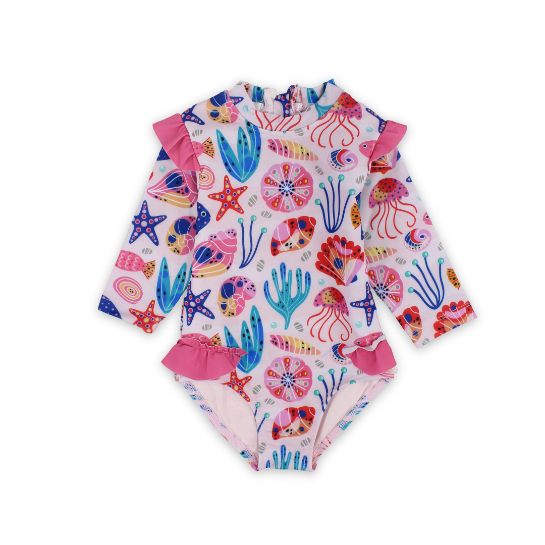 Baby Girls One-Piece Long-Sleeved Swimsuit – Pink with Marine Life Print