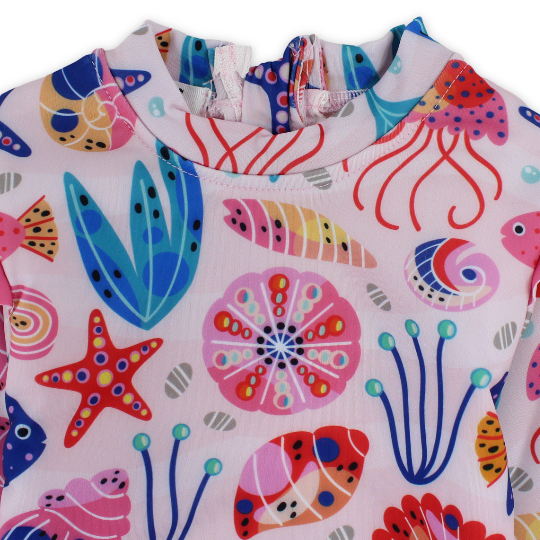 Baby Girls One-Piece Long-Sleeved Swimsuit – Pink with Marine Life Print