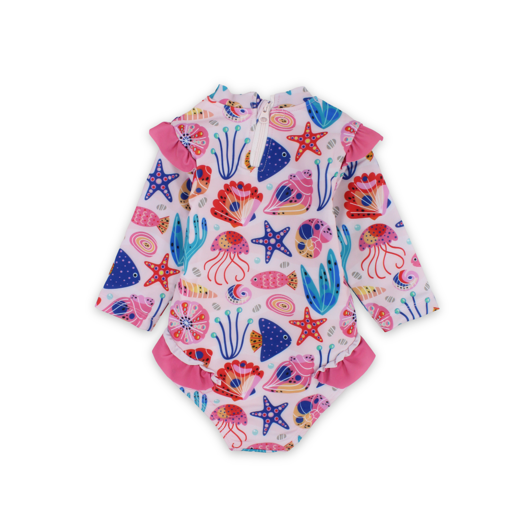 Baby Girls One-Piece Long-Sleeved Swimsuit – Pink with Marine Life Print