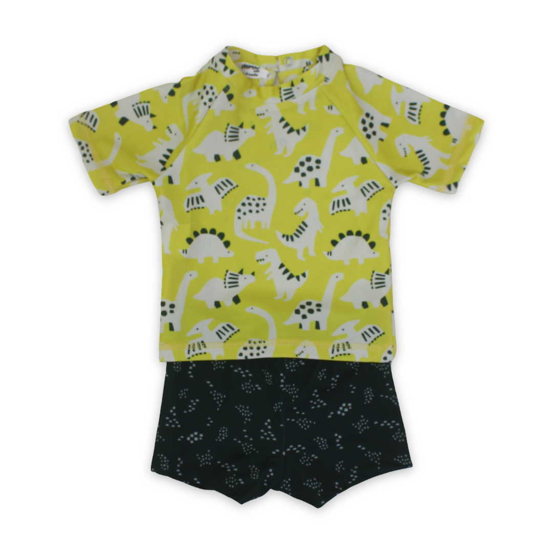Baby Boys 2-Piece Swimsuit – Yellow & Olive with Dinosaur Print
