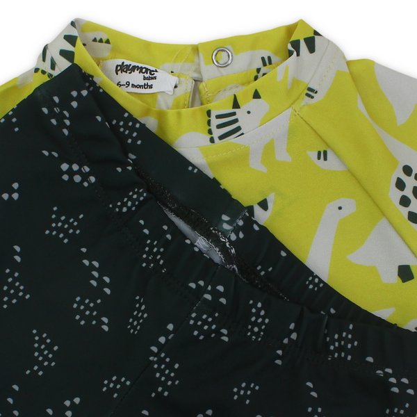 Baby Boys 2-Piece Swimsuit – Yellow & Olive with Dinosaur Print