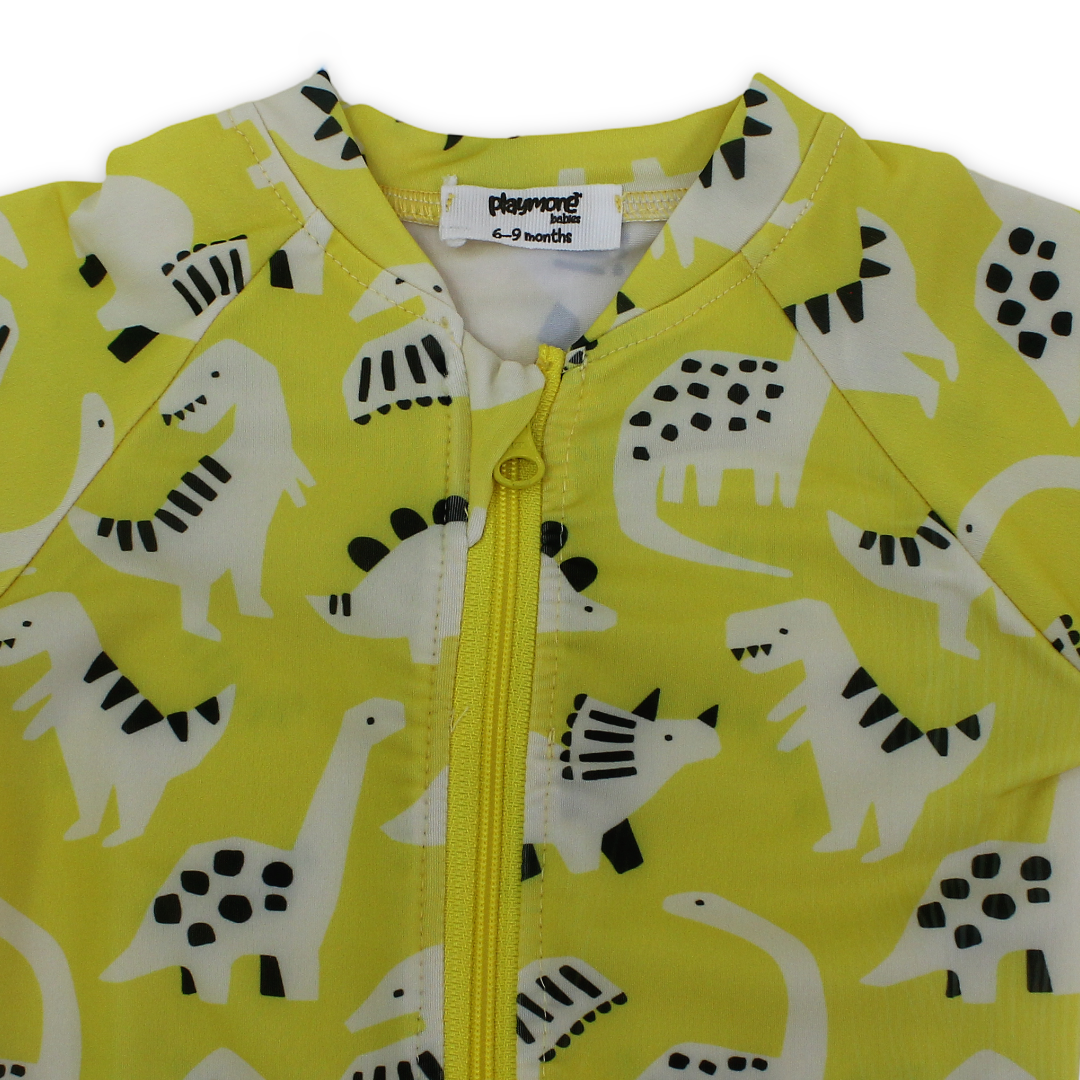 Baby Boys One-Piece Swimsuit – Yellow with Dinosaur Print