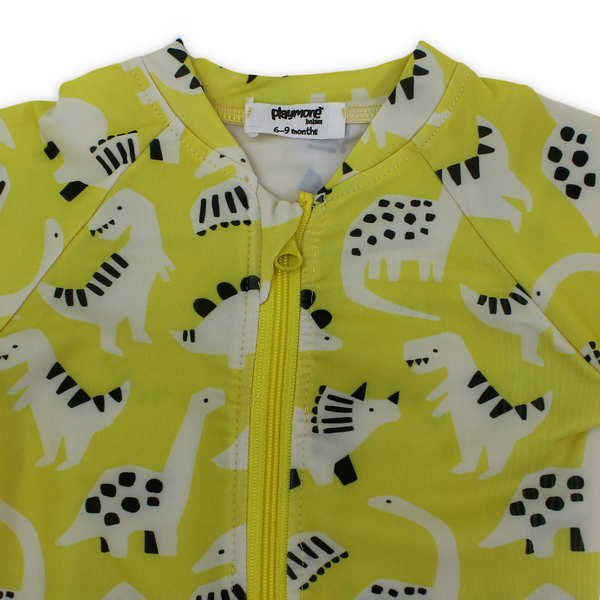 Baby Boys One-Piece Swimsuit – Yellow with Dinosaur Print
