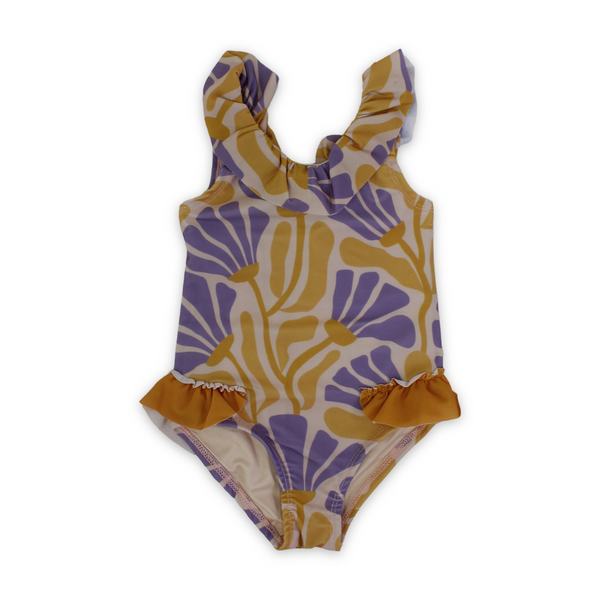 Baby Girls One-Piece Swimsuit – Printed Orange & Purple