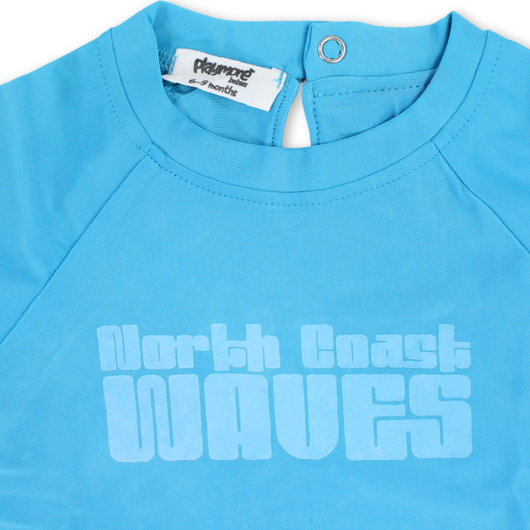 Baby Boys Rash Guard – Turquoise with "North Coast Waves" Print