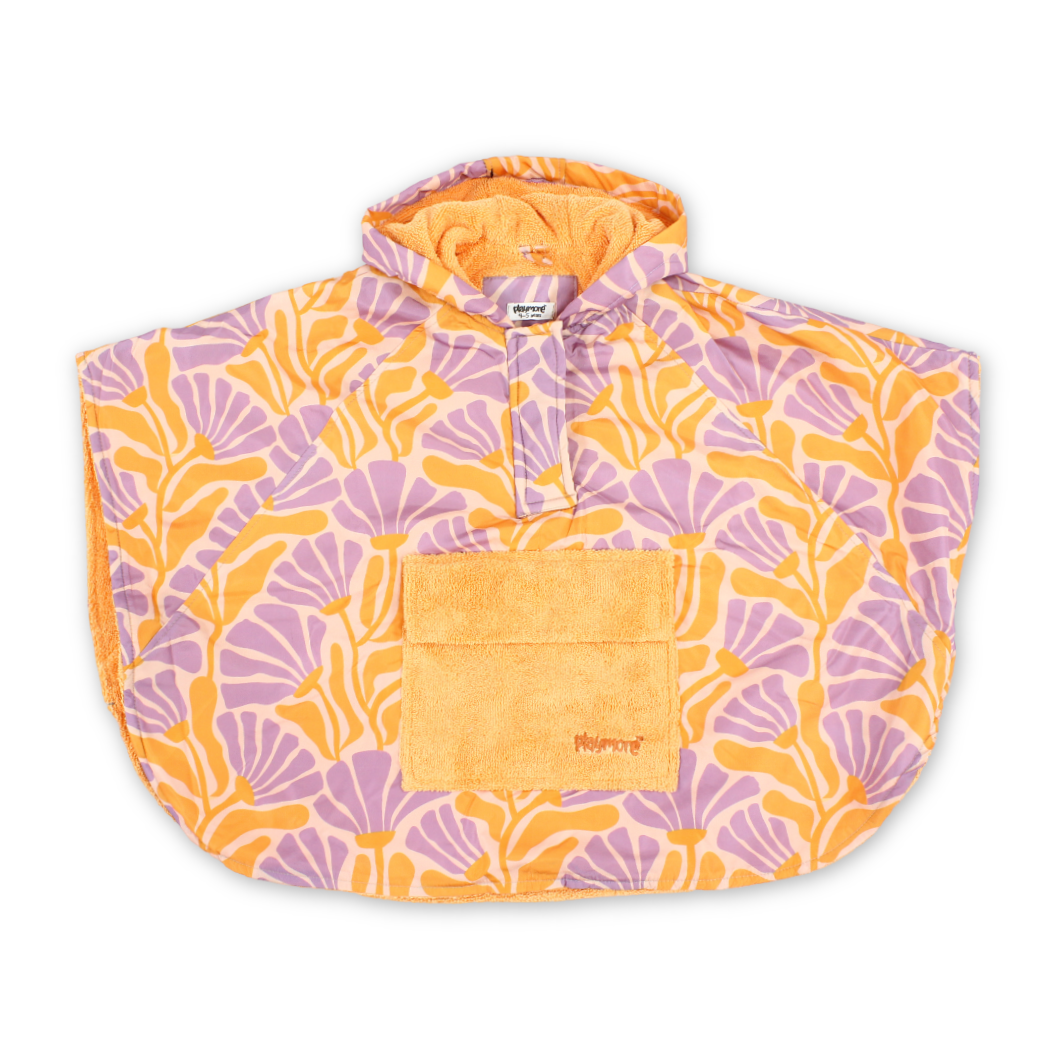 Girls Waterproof Poncho – Orange & Purple With Floral Print