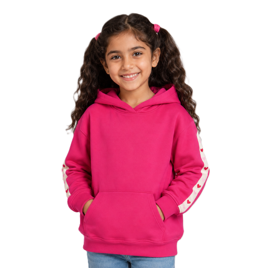 Girls Cotton Hoodie – Fuchsia with Hearts Print
