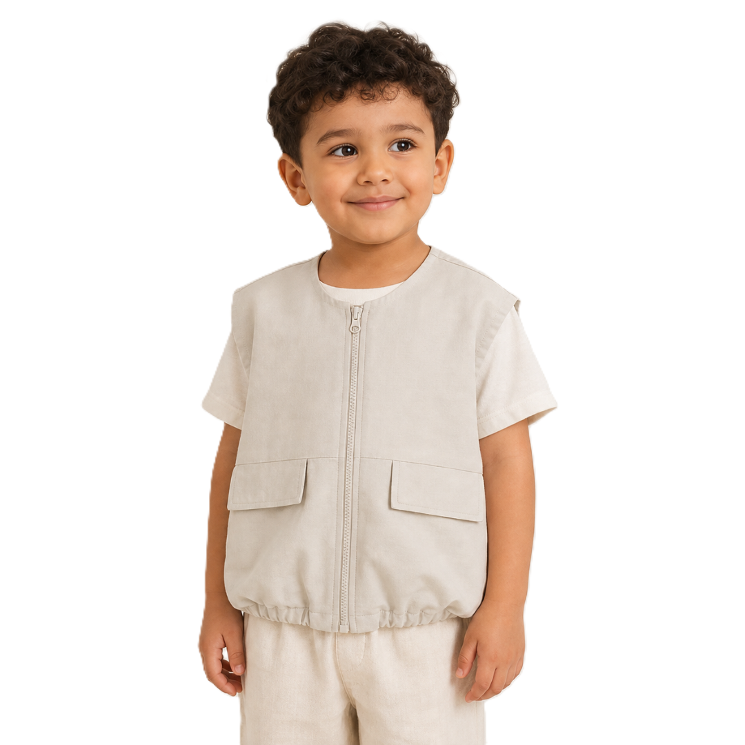 Boys Gabardine Sleeveless Vest – Beige