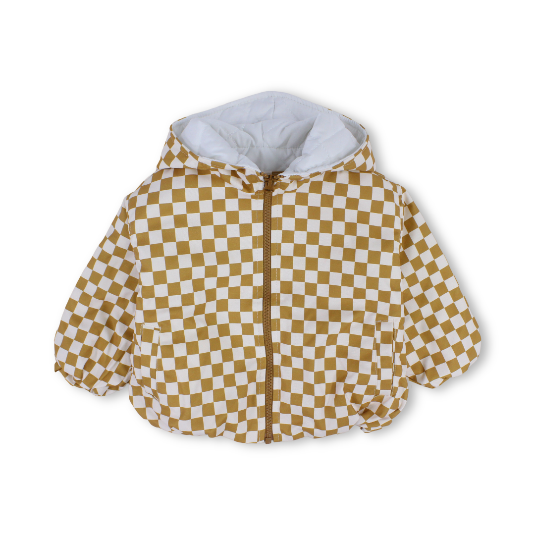 Baby Boys Waterproof Hooded Jacket – Beige & White Checkered