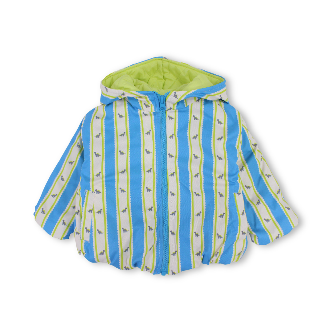 Baby Boys Waterproof Hooded Jacket – Baby Blue & White with Dino print