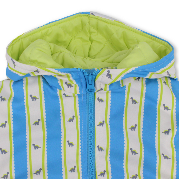 Baby Boys Waterproof Hooded Jacket – Baby Blue & White with Dino print