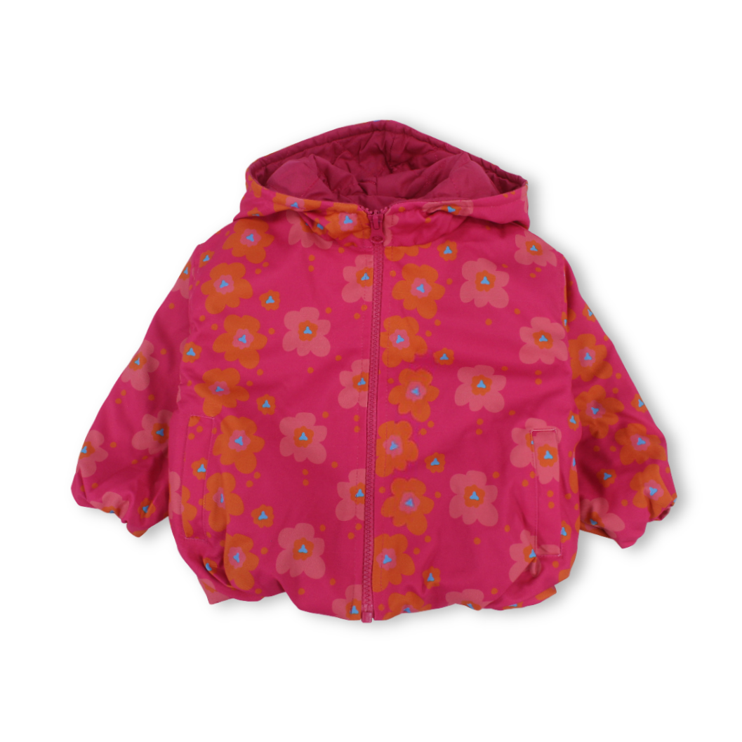 Baby Girls Waterproof Hooded Jacket – Fuchsia with Flowers Print