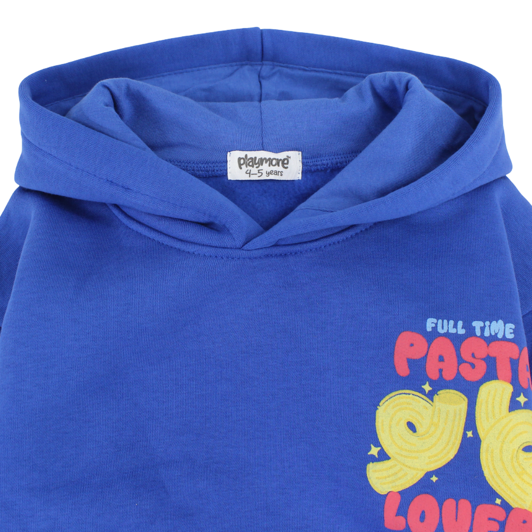 Boys Cotton Hoodie – Blue with "Pasta Lover" Print
