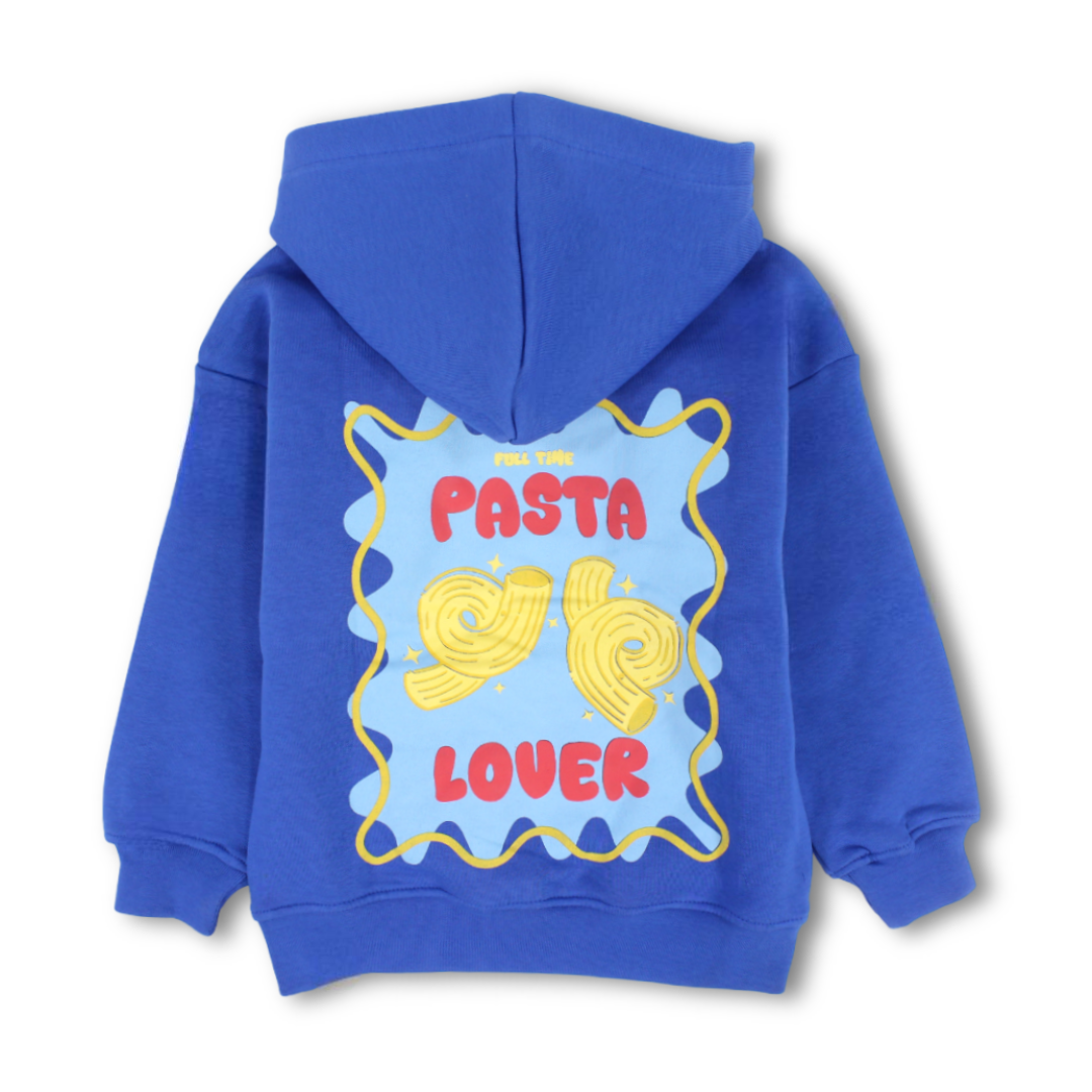 Boys Cotton Hoodie – Blue with "Pasta Lover" Print