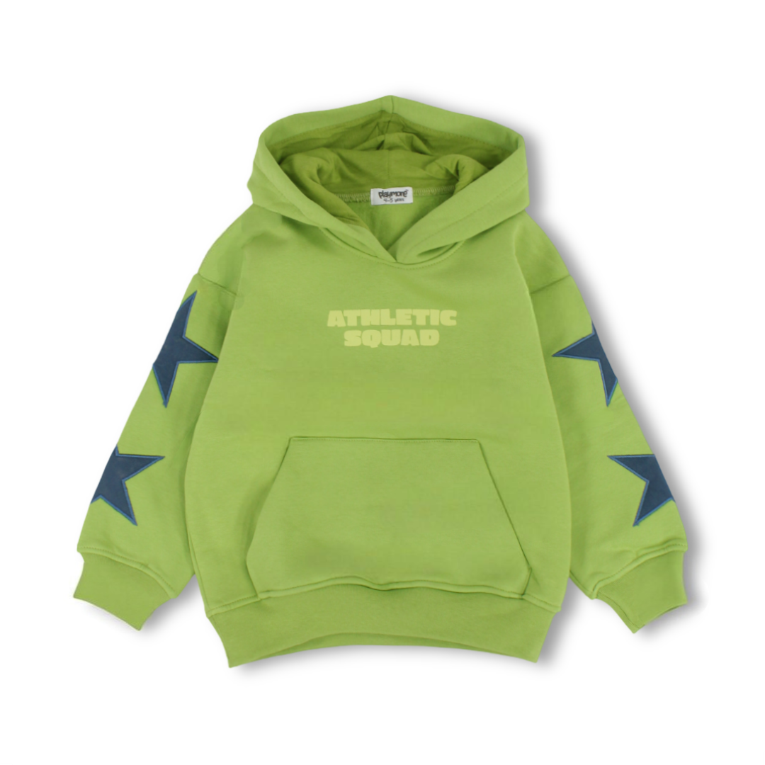 Boys Cotton Hoodie – Green with "Athletic Squad" Print