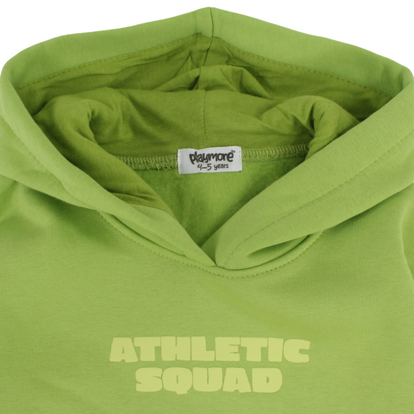 Boys Cotton Hoodie – Green with "Athletic Squad" Print