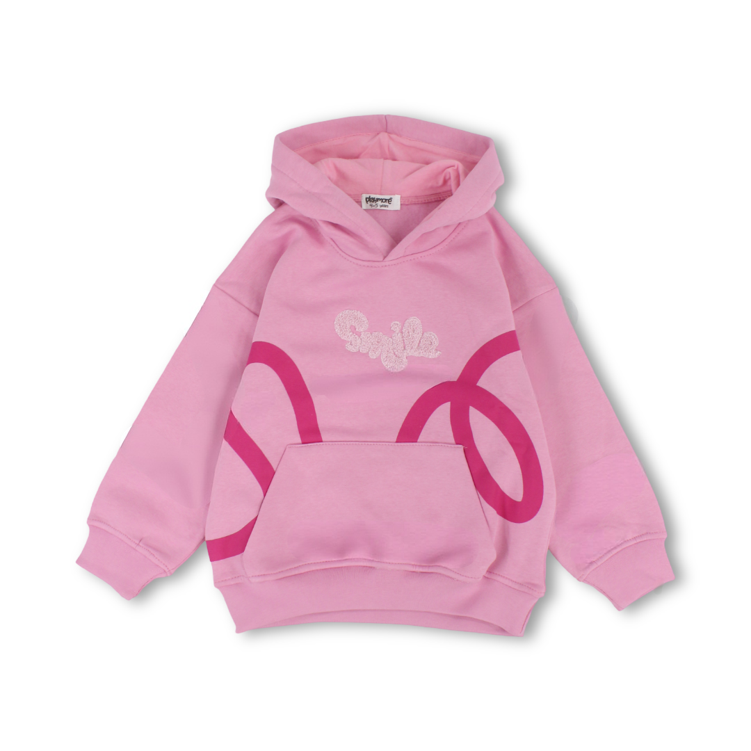 Girls Cotton Hoodie – Pink with Smile Embroidery