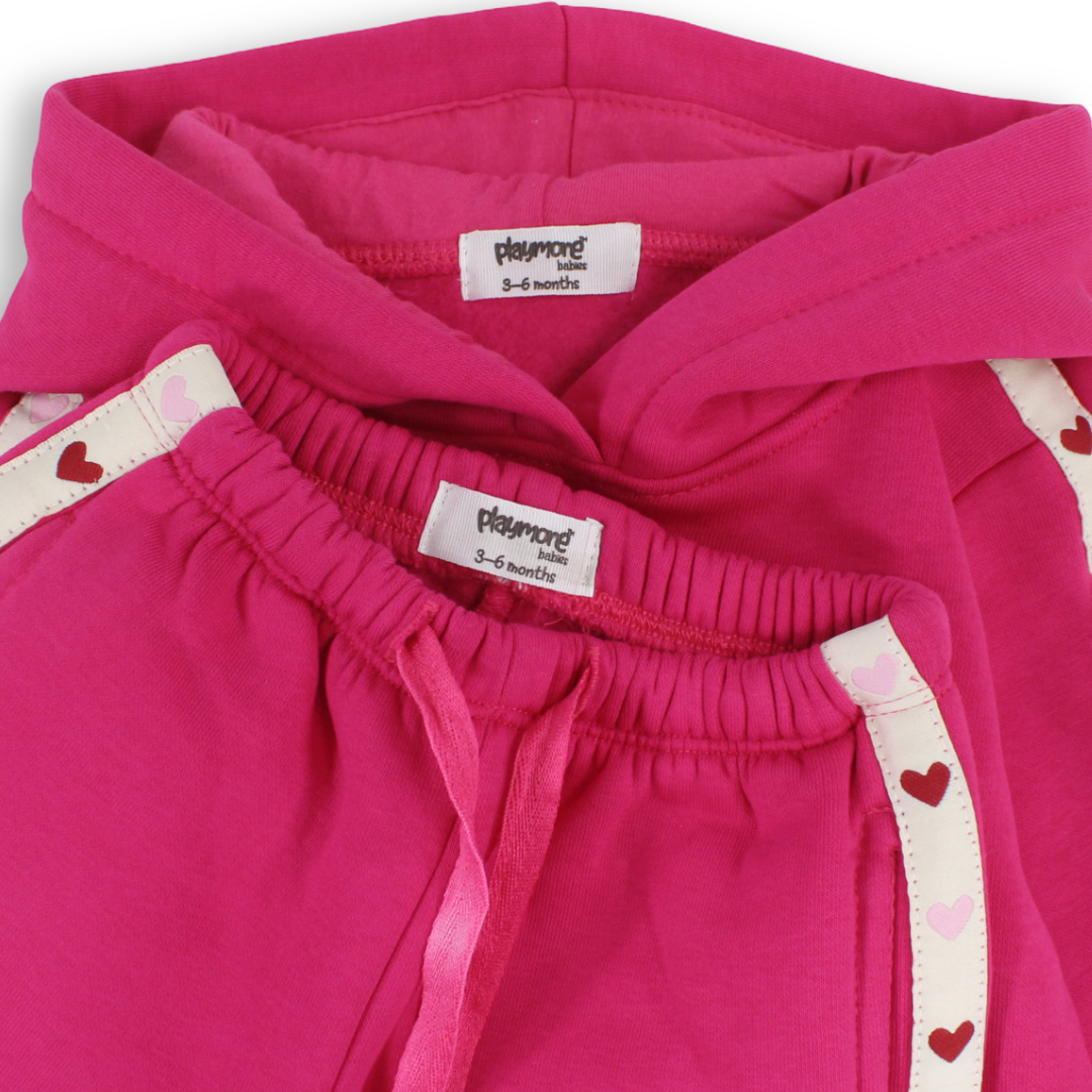 Girls Baby Cotton Hooded Outfit Set – Fuchsia with Hearts Print