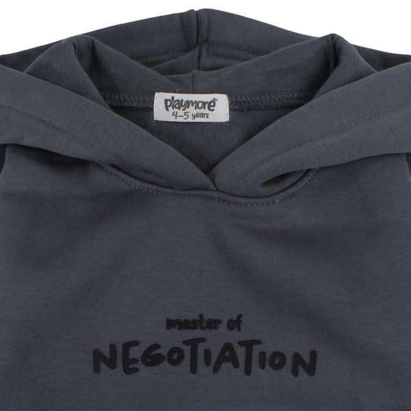 Boys Cotton Hoodie – Grey with "Master of Negotiation" Design