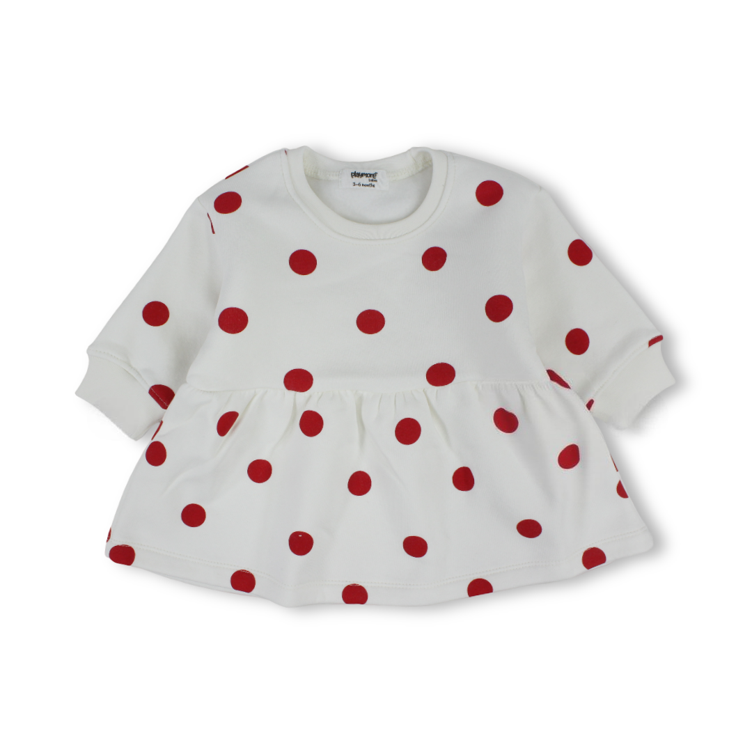 Baby Girls Cotton Dress – White with Red Polka Dot Print