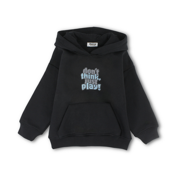 Boys Cotton Hoodie – Black with "Don't Think,Just Play!" Print