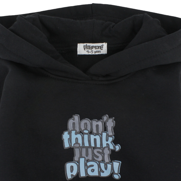 Boys Cotton Hoodie – Black with "Don't Think,Just Play!" Print