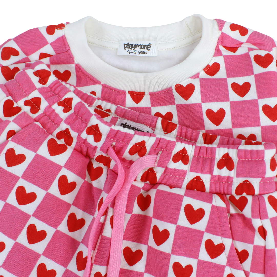 Girls Cotton Outfit Set – Fuchsia with Hearts Print