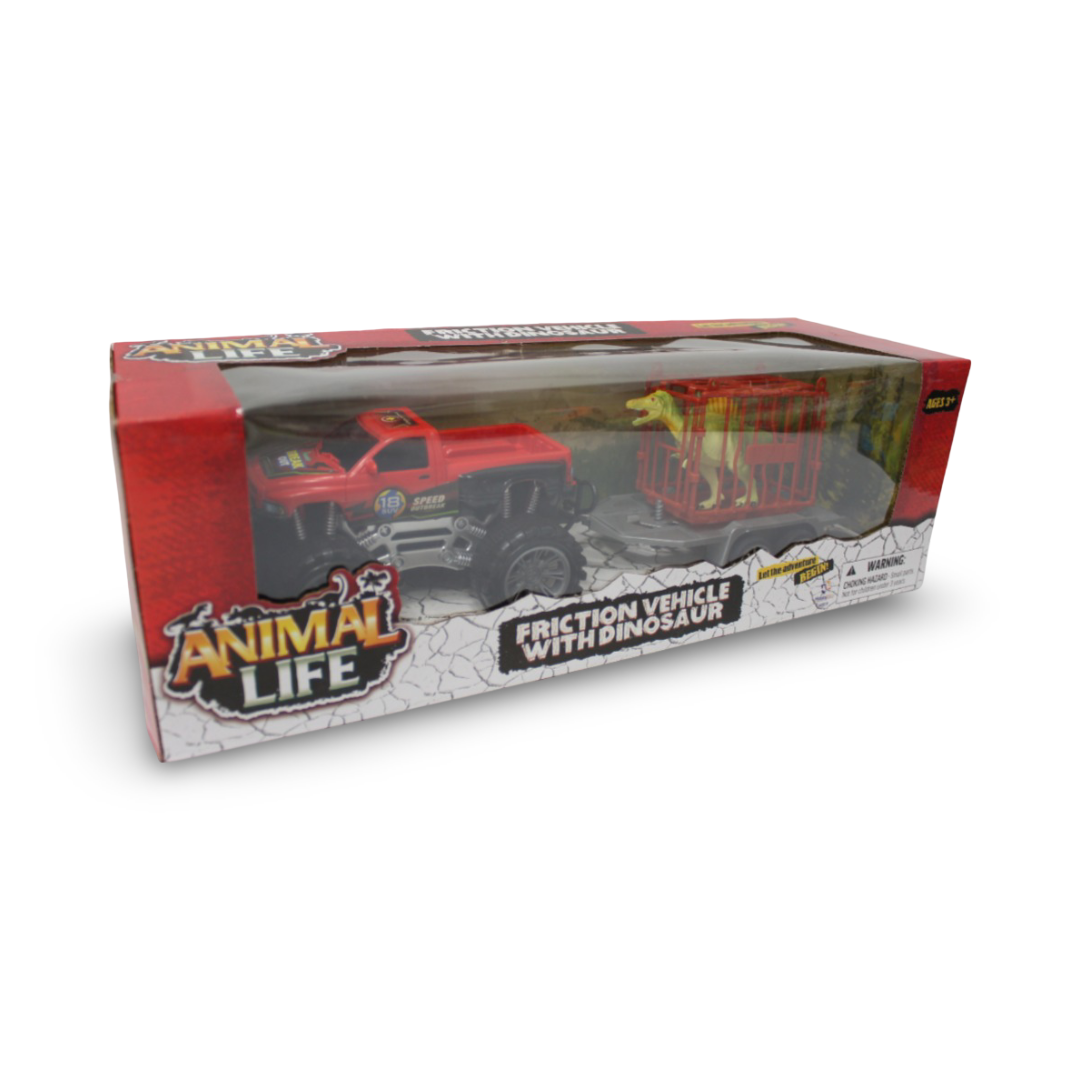 Animal Life Friction Vehicle with Dinosaur Toy Set – Red