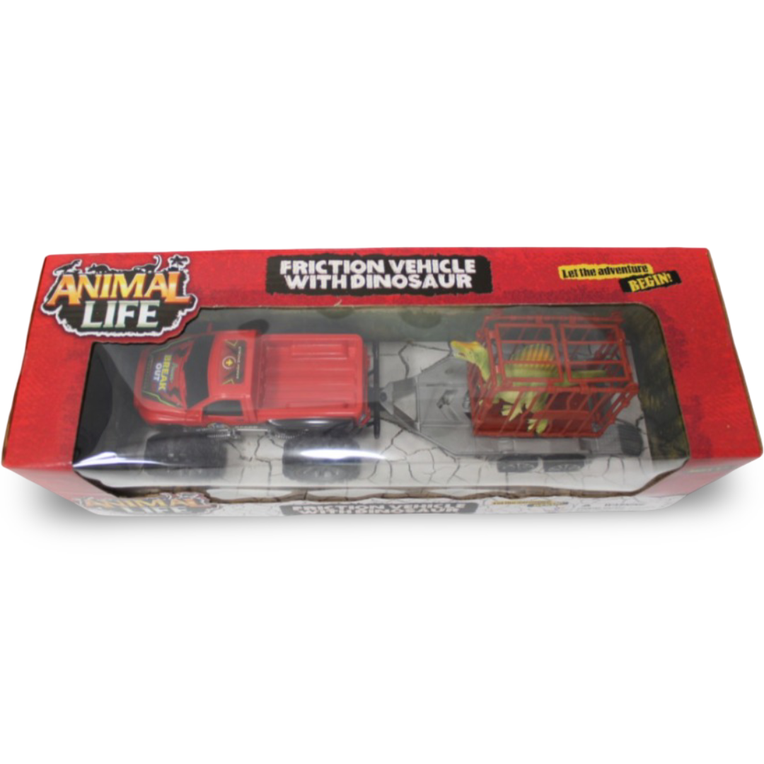 Animal Life Friction Vehicle with Dinosaur Toy Set – Red