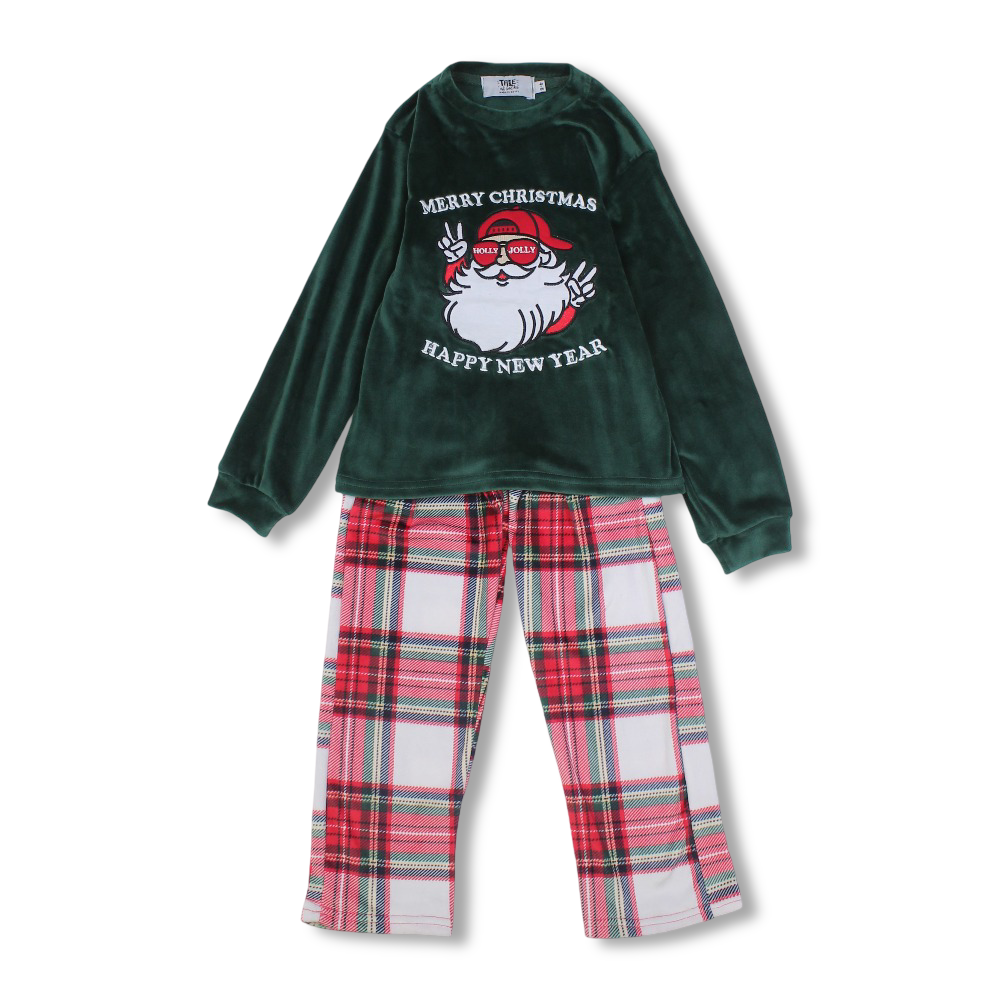 Unisex Velvet Pajama Set – Green/Checkered Red