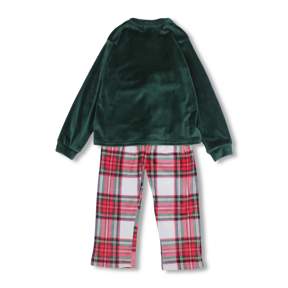 Unisex Velvet Pajama Set – Green/Checkered Red