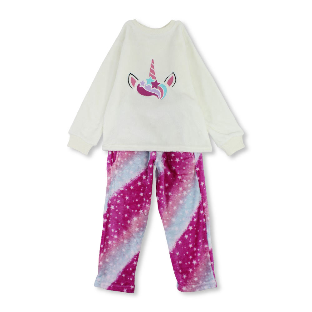 Girls Fleeced Pajama Set – Off-White/Fuchsia with Unicorn Print