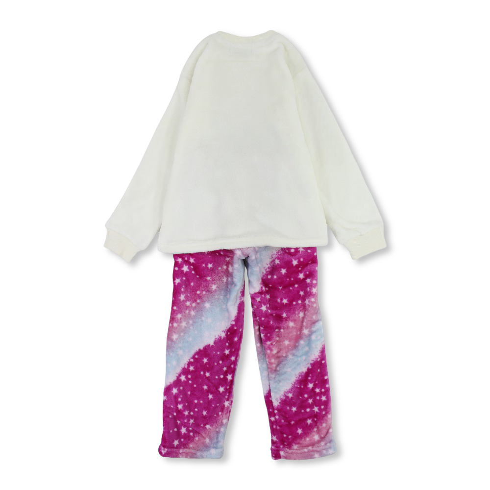 Girls Fleeced Pajama Set – Off-White/Fuchsia with Unicorn Print