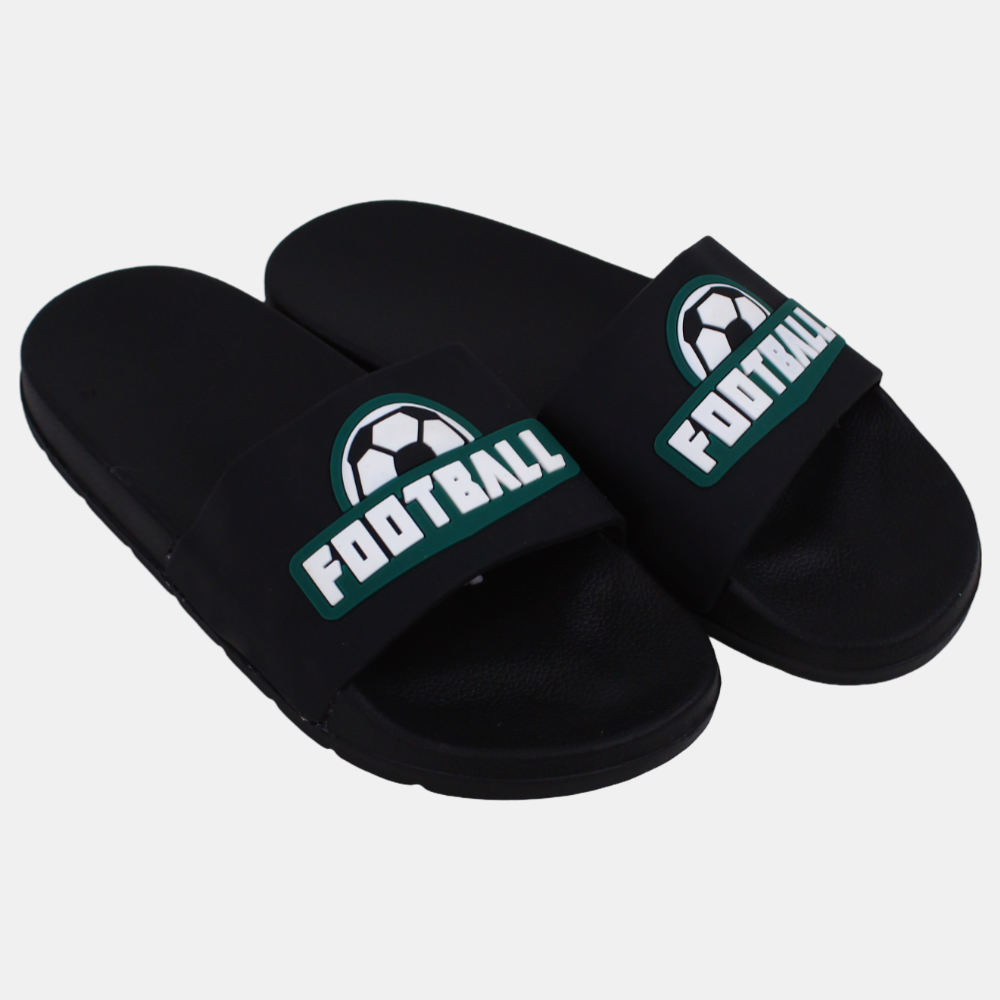 Boys Rubber Slippers – Black Soccer Design