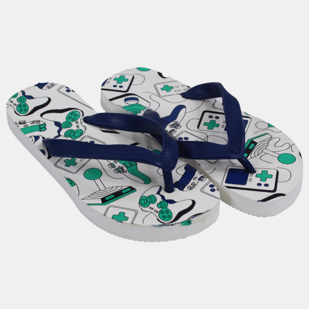 Unisex Kids Rubber Slippers – White & Navy Ship Atari Design