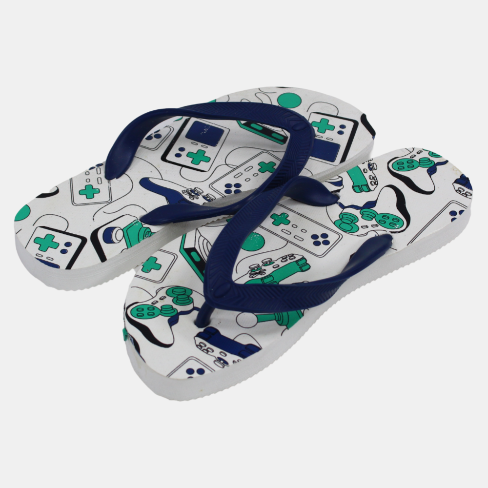 Unisex Kids Rubber Slippers – White & Navy Ship Atari Design