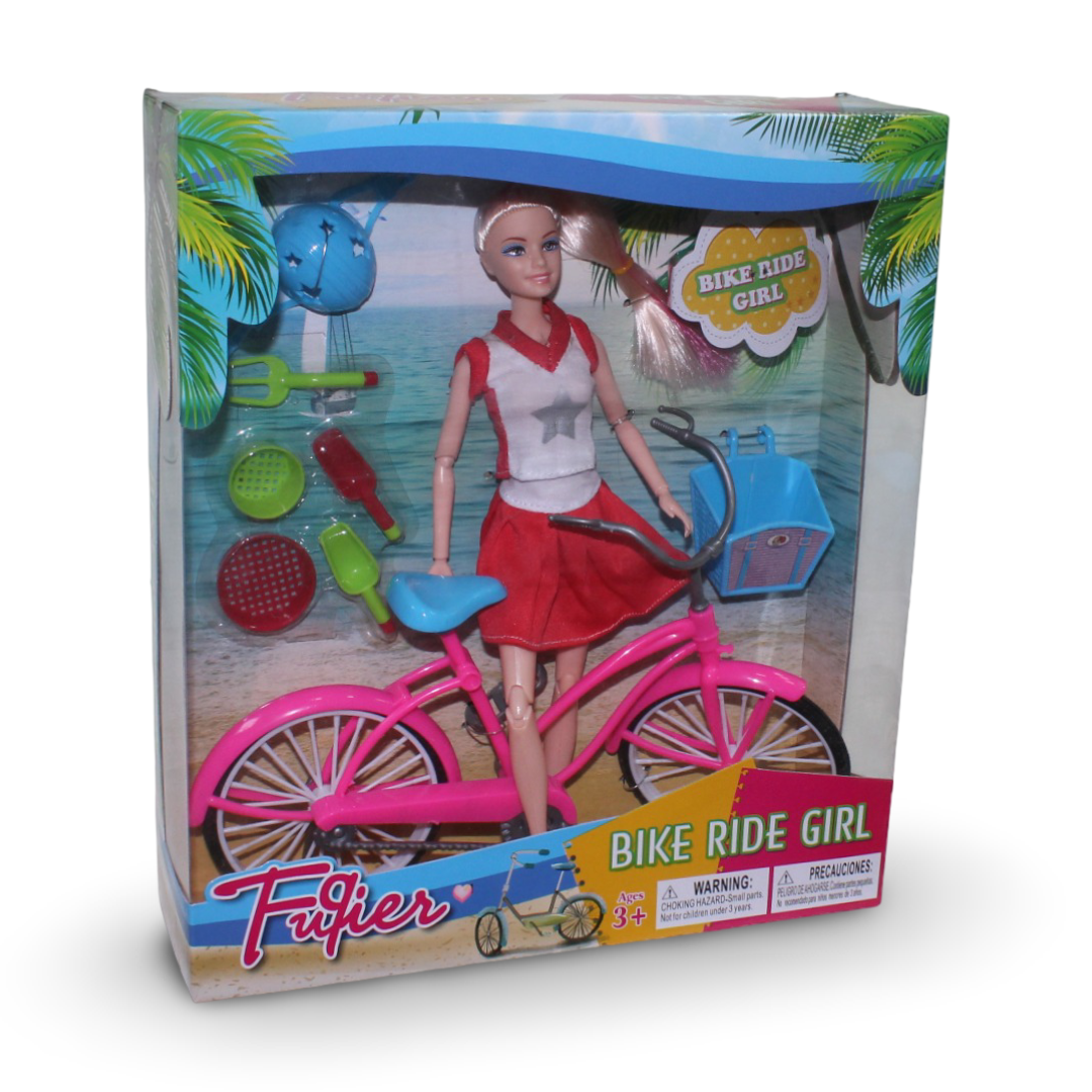 Bike Ride Girl Doll Set with Bicycle & Accessories – Red - Toys - OKO
